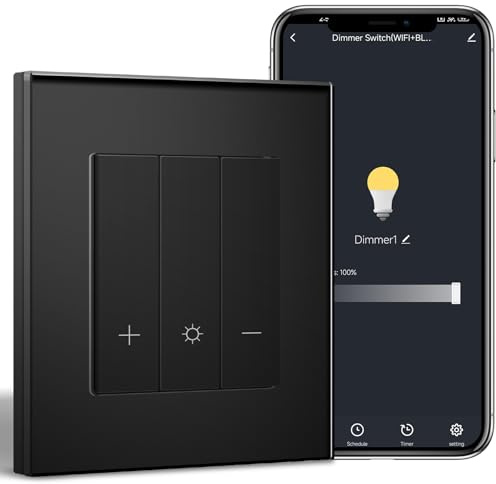 BSEEDLIFE Smart WLAN Dimmschalter mit Glasrahmen, WiFi Dimmer Schalter, Kompatibel mit Alexa & Google Home, Unterputz Lichtschalter Dimmbar für led lampen 240V, Schwarz (Neutralleiter Erforderlich)