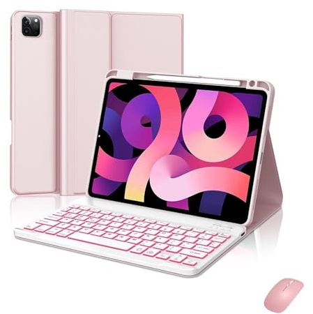 kuaijiexiaopu Avtagbart tangentbord med 7 färger och bakgrundsbelysning, läderfodral i fällbart läder, kompatibelt med iPad Pro 11 tum 2024(Pink+Keyboard+Mouse)