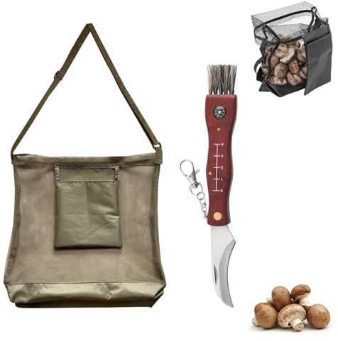 Pilzmesser Mit Bürste Und Lineal, Pilze Sammeln Messer Mit Pilztasche Groß, 2in1 Schwammerlmesser Pilzbürste, Tragbares Pilzmesser Set, Pilz Korb, Edelstahl Klappmesser Geschenk Für Pilzsammler (B)
