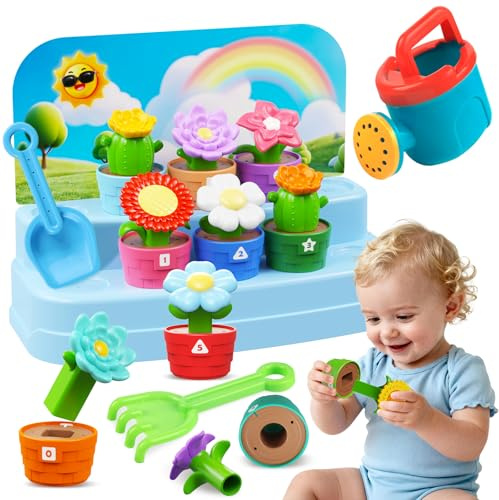 Montessori Toys for 1-2 year old, Toddlers Outdoor & Indoor Gardening Toys with Watering Can, Shovel, Rake, Color & Shape Sorting Educational Learning Toys Easter Gift for Girls Boys Age 1 2 3 4