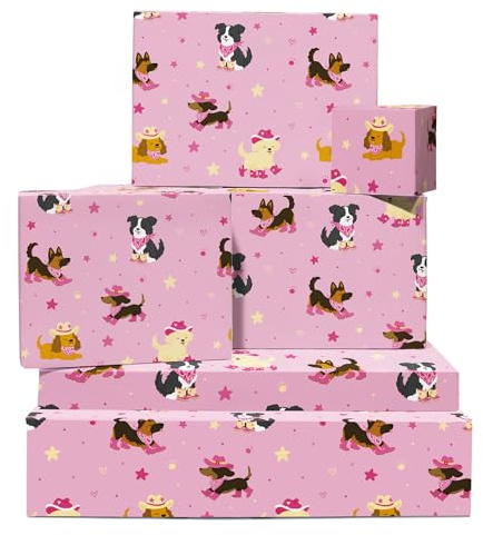 Rosa omslagspapper – 6 ark presentinslagning för hundälskare barn eller vänner – födelsedag jul baby shower – söta valpar som bär hattar och stövlar – levereras med etiketter av Central 23