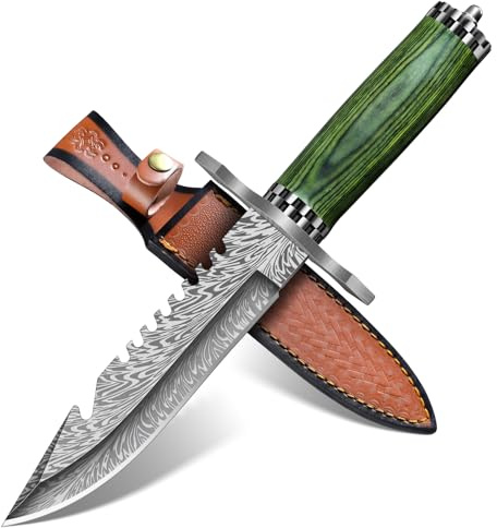 Purple Dragon Outdoor Messer Damaszener-Stil D2 Stahl Sägezahn | Feststehendes Messer Survival mit Lederscheide, Camping Messer mit Pakkawood Griff für Outdoor-Aktivitäten