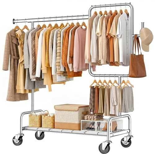 SOLEDI Heavy Duty Clothes Rail on Wheels Max Load 272KG Metal Clothes Rack | Sturdy Rolling Hanging Rail with Divided Clothing Rack, Shelves, Bag Rack, Hat Rack, Portable Coat Stand for Bedroom, Silver