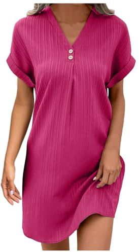Générique Robe Lin Coton Femme Ete Chic Elegant Tunique Robe Manches Courtes Ample Casuel Couleur Unie Robes avec Boutons Col V Robes De Plage Grandes Tailles Dress pour FêTe Vacances S-4XL