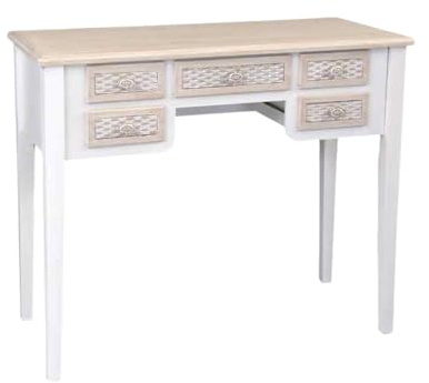 MA MAISON Scrivania Bianca in Legno 90x40x79 cm con 5 Cassetti, Scrittoio Elegante Stile Shabby Charm per Studio, Camera e Cucina