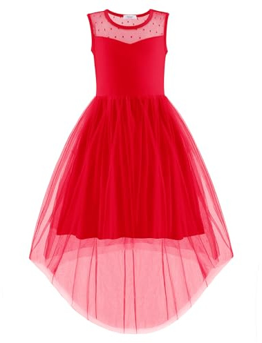 Arshiner Vestidos de niña sin mangas para fiesta de verano festiva, boda, comunión, dama de honor, vestido de tul con dobladillo asimétrico y cinturón, 6-15 años