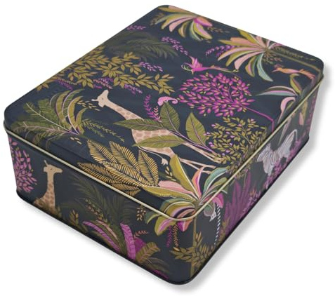 MediMuc Presentburk design Sara Miller – kärleksfullt utformad rektangulär förvaringsburk – motiv Palm Garden – plåtburk, kakburk, burk – mått: (L x B x H): 19,5 x 15,4 x 7,5 cm
