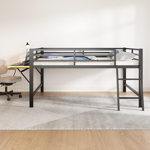 Arhatreya Halvhög säng 140 x 200 cm, metallsäng med räcke, järnsäng med LED, barnsäng med skrivbord, sängram med ribbotten, säng med stege (utan madrass), svart