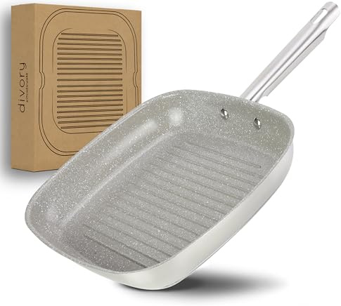 DIVORY Sartén Grill Rayada Inducción 28 x 28 cm, Sartén para Carne de Acero Inoxidable con Revestimiento Cerámico - Apta para Horno y Todo Tipo de Cocinas, Libre de PFAS y PTFE (Natura, 28 cm)