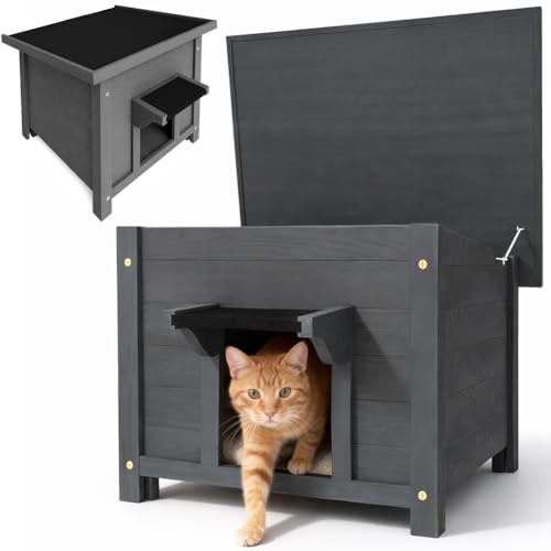 BAKAJI Cuccia per Animali Domestici Grigia in Legno, Casetta per Cani e Gatti con Tetto Apribile, Casa, Esterno Interno Resistente Intemperie e Agli Agenti Atmosferici, Tettoia Asfaltata, 60x58x47cm