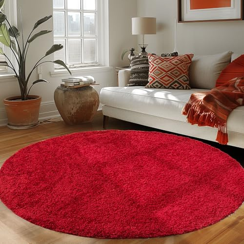 Carpettex Shaggy-Teppich, Hochflor, Wohnzimmer, Florhöhe 3 cm, einfarbig, Rot, 200 x 200 cm, rund