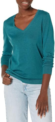Amazon Essentials Jersey Ligero de Manga Larga con Cuello en V Mujer, Cian Mezcla, L
