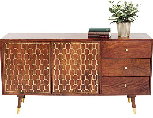 Kare Sideboard Muskat, braun, Kommode, 3 Schüben, 2 Türen, goldene Akzente, handgefertigt, Retro Sideboard, 75x145x45 cm (H/B/T)