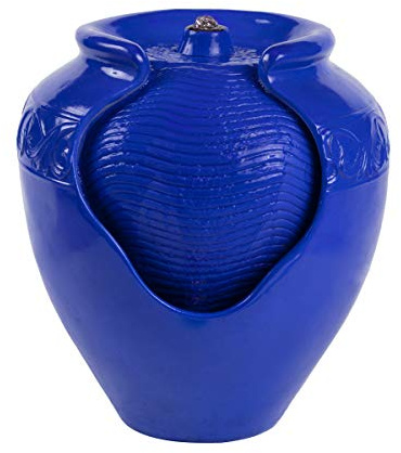 Jar Water Fountain – Indoor or Outdoor Ceramic-Look Glazed Pot Resin Water Feature with Electric Pump and LED Lights by Pure Garden (Cobalt Blue)