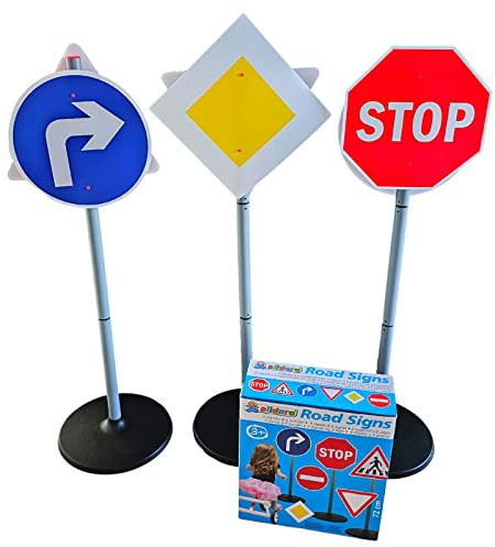 alldoro 60096 Verkehrszeichen für Kinder, Circa 72 cm hoch, 3 Ständer, 6 Schilder und 12 Halteclips, für einen kleinen Verkehrsparcours