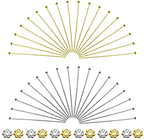 TOAOB 200 Stück Silberton Golden Kupfer Nietstifte Kugelkopf 50mm mit 200 Stück Metall Blütenblattförmige Abstandsperlen für Ohrring Schmuckherstellung