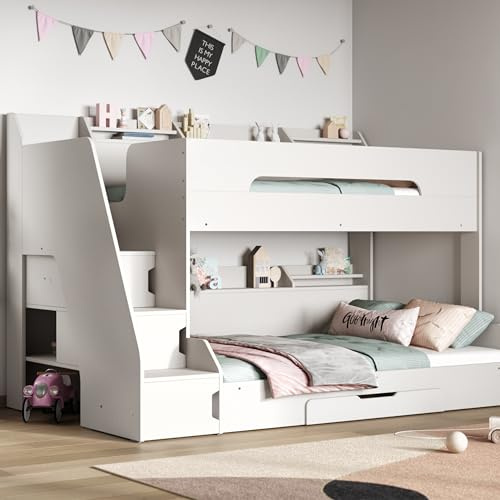 Flair Furnishings Small Double Bunk Beds for Kids, Staircase Bunk Bed with Storage, Heavy Duty and Sturdy, Cosy, Stylish, Space-Saving Design (White)