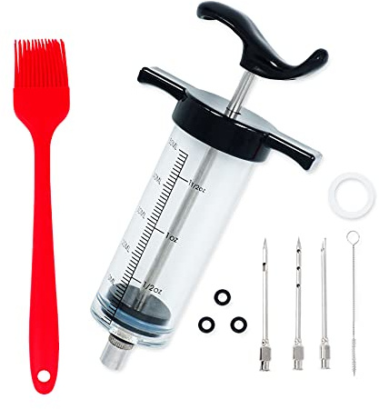 Meat Injector Syringe Turkey Marinade Injector Kit, 1.6-Oz Syringe Set with 3 Professional Needles,1 Silicone Brush,4 Extra O-Rings,1 Cleaning Brush for Basting&Grilling, Flavor Injector for Smoking