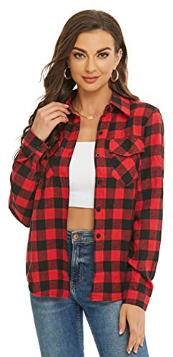 Ietaoo Chemisiers Femme Chemise à Carreaux Coton Manches Longues Flanelle Chemise Blouse Classique Décontractée Shirt pour Automne Hiver Printemps