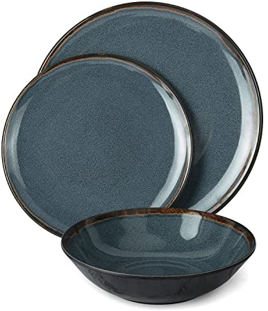 Juego de vajilla 100% melamina, juego de 12 piezas para exteriores e interiores, incluye 4 platos llanos, 4 platos de ensalada y 4 cuencos, perfectos para uso diario. Turquesa vintage