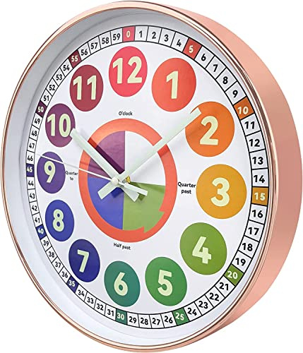 DORBOKER Leuchtende Wanduhr für Schlafzimmer, geräuschlos, leuchtet im Dunkeln, Lernen, Uhrzeit, Kinderuhr für Klassenzimmer, Mädchen, Jungen, Raumdekoration (Roségold, 30 cm)