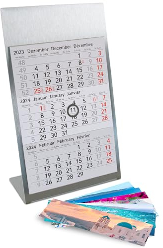 Timr bordkalender i rostfritt stål att ställa upp I för 2 år 2026/2027 I Greklands-motiv I 3-månadersöversikt med magnetblock I tr127