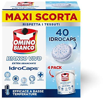 Omino Bianco - Additivo Lavatrice Bianco Vivo Idrocaps, Capsule Idrosolubili per Bucato, Azione Sbiancante e Smacchiante, 10 Caps x 4