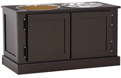 PawHut Erhöhter Hundenapf Futterstation mit Ständer Große Hunde Kaffee | Futternapf Wassernapf, 2 x 2L Edelstahlnäpfen, 29,5L Stauraum, Fressnapf