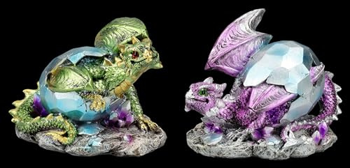 Figuren Shop GmbH Zauberhafte Kristallwächter Drachenbabys: 2er Set, Grün & Lila, Eier in Kristalloptik, 9 cm, Drache Figur Deko