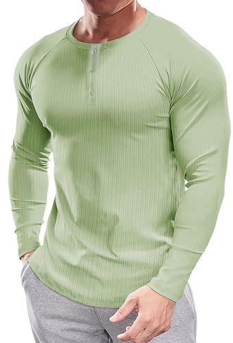Muscle Cmdr Henley kortärmade t-shirts för män casual 3 knappslå, kortärmad och långärmad tröja regualar fit snygg långärmad, A-grön, XL