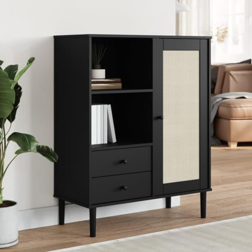 ZEYUAN Highboard SENJA Rattan-Optik Schwarz 90x40x112 cm Kiefernholz, Sideboard Wohnzimmer, Schlafzimmer Kommode, Bücherschrank, Wohnzimmerschrank, Hochschrank, Wohnschrank - 358057