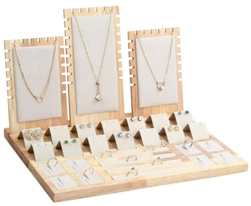 Soporte de Exhibición de la Joyería, Organizador de Pendientes, Expositor de Marco de Collares de Bambú, Bandeja de Terciopelo para Pulseras Anillos Tachuelas Brazaletes Cadenas Relojes (Crema)