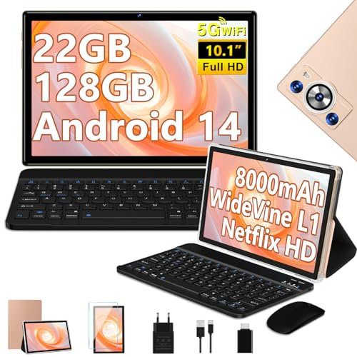 DEERTiME 2025 Newest Tablette Android 14,Tablette 10.1 Pouces 22Go RAM+128Go ROM(TF 1To),8 Cœurs 2.0GHz,5G WiFi,GMS,8000mAh/WideVine L1/FHD/BT5.0/GPS/Tablette 2 en 1 avec Clavier Souris-Or Rose