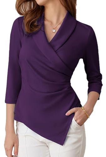 GRACE KARIN Damblus, 3/4 ärmar, V-ringad omlottblus, eleganta toppar, affärskläder, damer, hösttoppar, Cl2922-11/lila, S