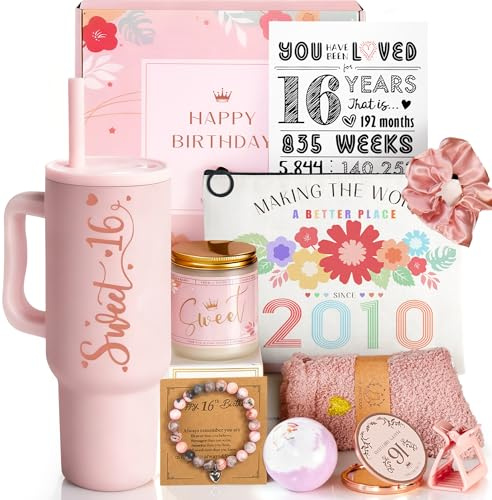 Sweet 16 Gifts for Girls - 16 Year Old Girl Gifts - Happy 16th Birthday Party Decorations for Girls Pink - 11 Pieces Unique Sweet Sixteen Gift for Teen Girl, Daughter, Niece, Granddaughter