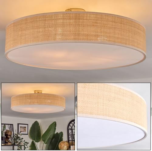 HOFSTEIN Ceiling Light Foggia, Ceiling lamp Made of Metal/Bast/Plastic in matt Nickel/Natural/White, Round lamp in Modern Boho Design (Ø 60 cm), E27, Dining Room, Living Room, Bedroom, Kitchen