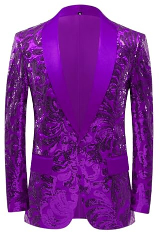 PYJTRL Men Stylish Satin Face Sequins Floral Pattern Suit Jacket Blazer, Purple, XXL