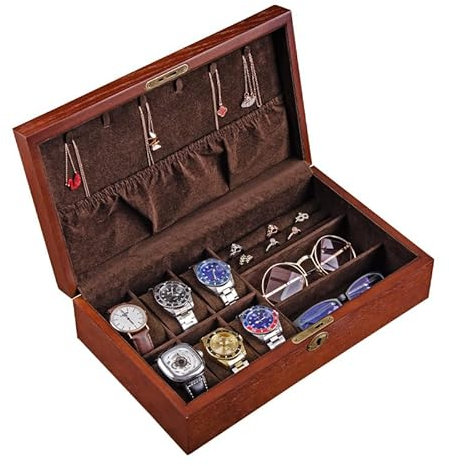 WLEJSL Boîte à Bijoux Voyage Bois avec Grande Fenêtre Verre, Boîte Rangement pour Montres, Organisateur Bijoux avec Serrure et Clé pour Boucles d'oreilles, Bagues, Colliers,A2