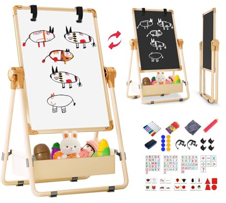 Chevalet Enfant Double Face Réglable 360° - Tableau Blanc & Noir avec Pince à Dessin - Cadeau Créatif 3 Ans et + Garçon Fille (champagne)