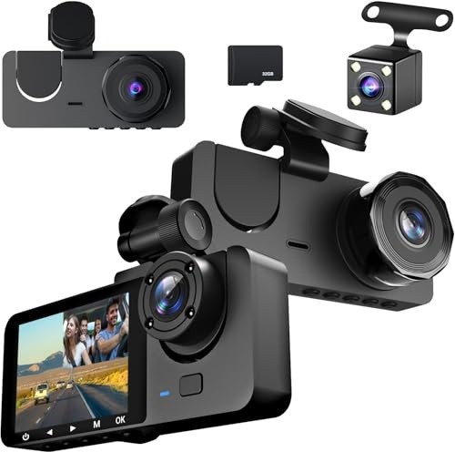 1080P Dashcam Voiture Avant Arrière Intérieur, avec Carte SD 32GB, Caméra de Voiture avec Surveillance de Stationnement, Détection de Mouvement, 170° Grand Angle 3 Canaux 24H (Version WiFi)