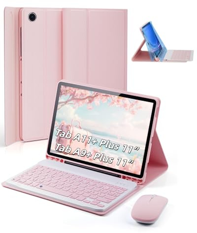 für Samsung Galaxy Tab A11+ PLUS (2025)/Tab A9+ Plus (2023) Hülle 11 Zoll mit aufladbarer kabellose Bluetooth Deutsche Zeichen Tastatur (QWERTZ) und Maus, Schlitzhülle Magnetisch Keyboard case Rosa
