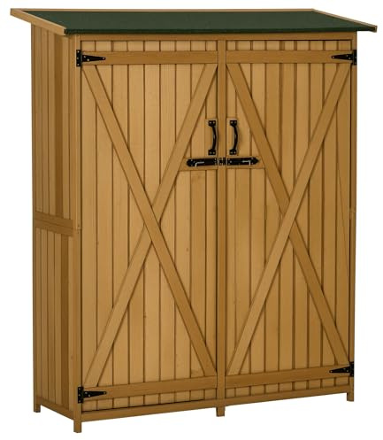 Outsunny Outdoor Storage Cabinet Wooden Garden Shed Utility Tool Organizer with Waterproof Asphalt Rood, Lockable Doors, 3 Tier Shelves for Lawn, Backyard, Natural