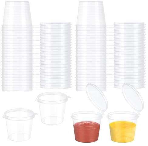 100 Stück Kleine Plastikdosen mit Deckel, 25ml Kleine Plastikbehälter | Auslaufsicher Saucenbecher, 1oz Aufbewahrungsdosen mit Deckel, Dressingbecher für Soßen, Dips, Gewürze