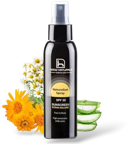 Homo Naturals NaturaSun - Protector Solar en Spray SPF 30 - Spray Solar Facial y Corporal - Protector Solar Vegano con Aloe Vera y Caléndula - Bruma Natural sin Brillos - Protección UVA/UVB - 100 ml