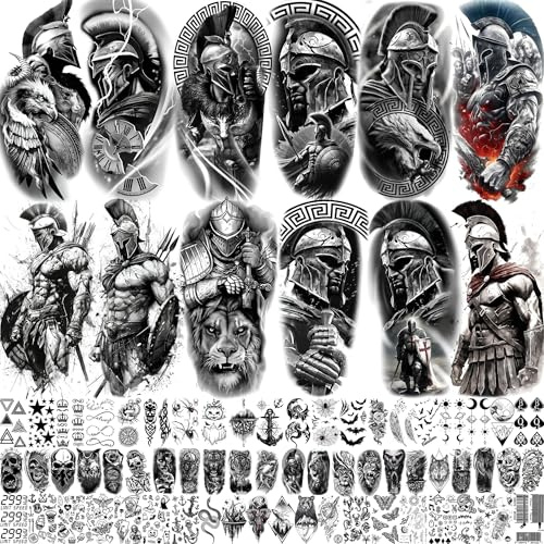 74 Blatt Schwarz Gladiator Temporäre Tattoos Herren Klebetattoos Erwachsene, Halloween Halbarm Tattoos Zum Aufkleben Auf Die Haut Männer Frauen Damen Kriege Ritter Fake Tattoo Aufkleber Löwe Adler