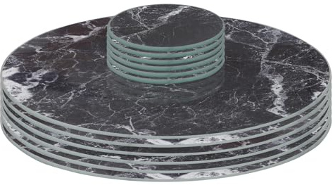 Harbour Housewares 12pc Glass Placemats & Coasters Set - 30 | Black Marble Round Tempered Heat-Resistant Non-Slip Place Mat & Round Coasters Set Indoor Home Kitchen Table Plate Place Mat