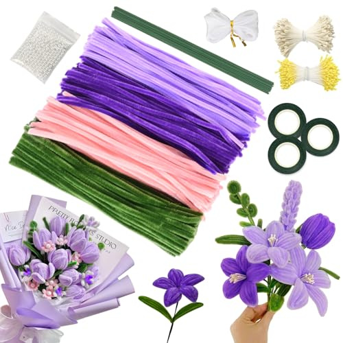 400 Piezas Limpiapipas Manualidades, Kit Limpiapipas Flores Morado con Alambres Verdes, Cintas Floristería, Papel Regalo, Set Manualidades Flexible Ramos Tulipanes DIY, Idea Regalo para Mamá Esposa