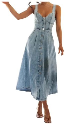 Robe Ete Femme Col en V- Robe Jeans Femme sans Manches avec Bretelles Et Boutonnière à l'avant pour Un Look Casual Printemps Été Style Casual Ample Vintage De Tous Les Jours Longue Dress