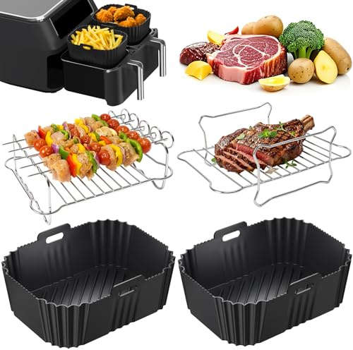 PETHREE Accesorios Freidora de Aire 4 Piezas para Ninja Doble Zona 7,6-9,5L | 2x molde silicone 2x rejilla inox 304 5 pinchos, Sin BPA para Ninja AF300EU/AF400EU/AF500EU y otros Doble Zona 7,6-9,5L