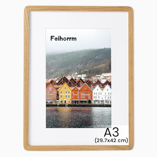 Feihorrm Massivholz Bilderrahmen, A3 Eiche Bilderrahmen, Mit gehärtetem Glas, Für 29,7x42 cm-Fotos ohne Passepartout oder 20x28,7 cm-Fotos mit Passepartout (Beige, A3 (29,7x42 cm)/ 1x)